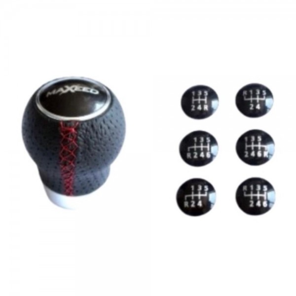 Nucă Schimbător Viteze MAXEED – Piele Neagră cu Cusătură Roșie (Model Rotund)