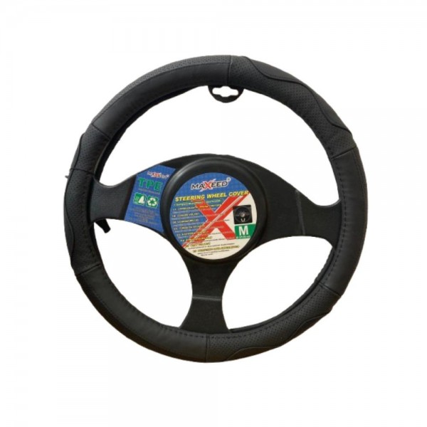 Husă Volan din Piele Naturală – 37CM, Negru cu Cusături Negre